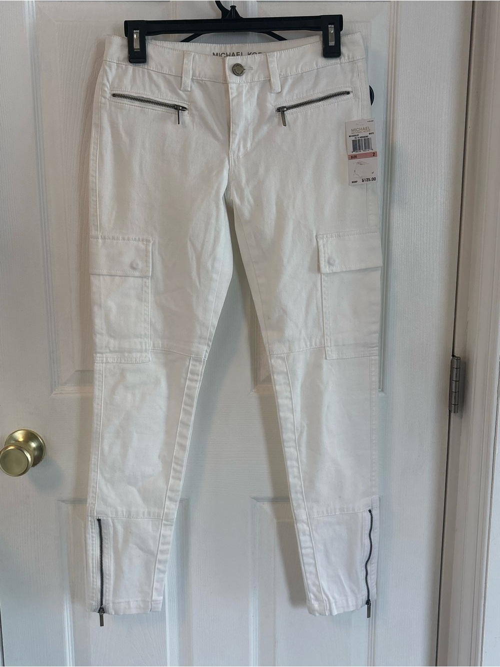 NWT Michael Kors White Cargo Pants Size 2 Utility Zip Pocket Ankle Zipper $125